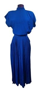 70's Dopamine Blouse & Skirt Set‎ Royal Blue Black Polka Dots Size Small Women's